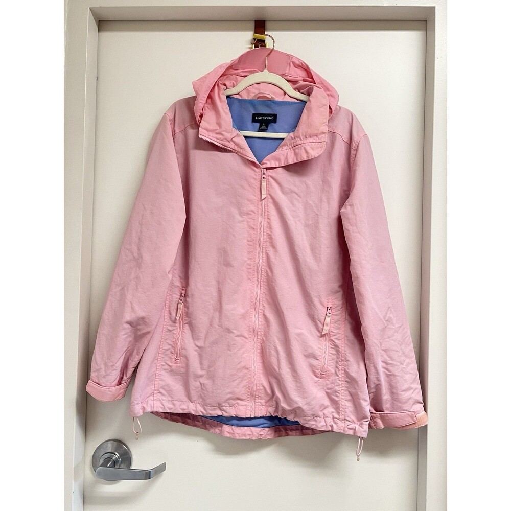 Women's Lands End Sz Large Windbreaker, Rain, Winter Jacket Pink Coat, With Hood